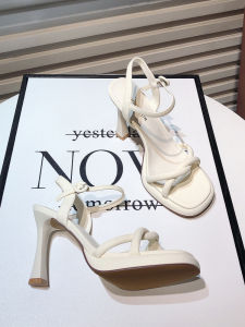 New Comfortable Soft Square Head High Heels Cross Band Toe Exposure Sandals Korean Style Low Help Glue Adhesive Shoes for Young Women