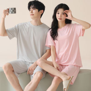 MiiOW | ชุดนอนผ้าไหมน้ำแข็งสองชั้นสำหรับคู่รัก แขนสั้น ทรงหลวม ชุดนอนฤดูร้อน 2025 สำหรับผู้ชายและผู้หญิง ชุดอยู่บ้านแบบลำลอง