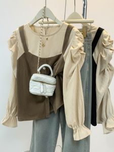 Plus Size Womens Clothing Stylish Sling Fake Two Pieces Shirts Female Autumn Fat Sister Slim Looking Chic Tops Tummy Hiding Fat Hiding