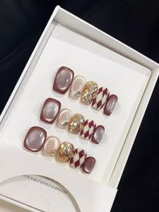 Handmade Short Wearable Nail Tips Sparkling Ice Transparent Cat Eye Diamond Rhinestones Luxury Feel Autumn Winter Beauty Nail Art