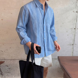 Ssumenam | Beach Style Loose Sun Protection Blue Striped Long Sleeve Mens Shirt
