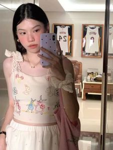 Áo Ba Lỗ Ren Thắt Nơ Phong Cách Mỹ Cho Nữ Áo Ba Lỗ Bó Sát Thiết Kế Tay Ngắn Họa Tiết Động Vật Mùa Hè 2025 Áo Ba Lỗ Thường Ngày