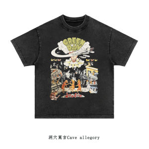 Cave Fable American Retro Green Day Punk Rock Band Pure Cotton Printed Short Sleeve T-Shirt Men Casual Loose Fit round Neck