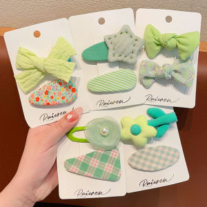 Korean Style Childrens Hair Clips Green Fabric Hair Accessories for Little Girls Side Bun Hairpins Fresh And Cute Design
