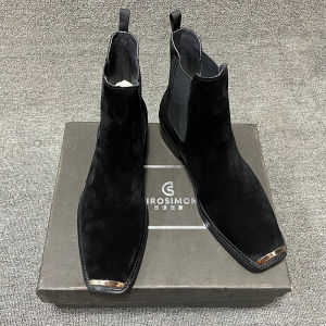รองเท้าบูทเชลซีรองเท้าบูทสั้นแฟชั่นไฮสตรีท CHELSEA BOOT หัวเหลี่ยมสไตล์อังกฤษหนังแท้ผู้ชายรองเท้าบูทผู้ชายรองเท้าบูทหัวเหล็ก