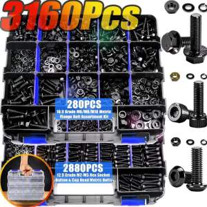3160Pcs Metric Flange Bolt & Screw Set Grade 12.9/10.9 Alloy Hex Button & Nuts M2-M10 (4-30mm) Storage Box Home/Car/3D/DIY