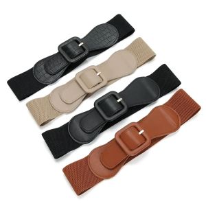 Womens Fashion Wide Belt Square Pin Buckle Imitation leather elastic  Waist Strap Costume matching decoration Dress Waistband