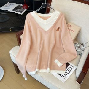 Áo len dệt kim dáng rộng cỡ lớn cổ chữ V thêu màu khối thời trang thu đông cho nữ Áo khoác ngoài bằng vải nỉ