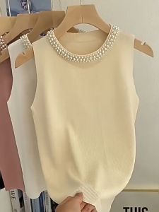 ⚡Port⚡ blouses women new style 2025 Korean fashion tops Summer Pearl Round Neck Knitted Tank Top Women Sleeveless Blouse 2️⃣0️⃣2️⃣5️⃣
