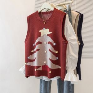 Christmas Red Knitted Vest Womens 2025 New Autumn plus Size Slimming Layering Sweater Vest Top round Neck Pure Color Commute