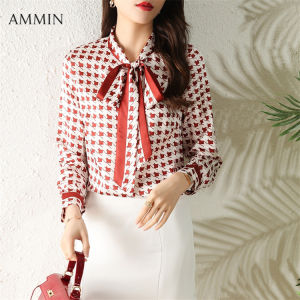 AMMIN Korean Style Long Sleeve Silk Print Shirt New Fashion Elegant Bow Ribbon Mulberry Silk Print Tops Casual Office Blouse