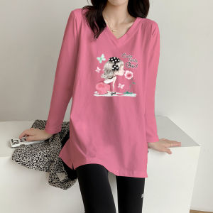 No Pilling Pure Cotton Long Sleeves V Neck T-shirt Womens Spring & Fall New Arrival Mid Length Long Length Loose Bottoming Shirt Ins Trendy Tops Womens