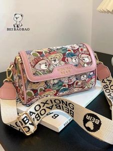 Original Design Cartoon Bear Crossbody Bag Fashion Color Block Single Shoulder Womens Bag New 2025 Stylish Soft Canvas Tote