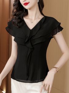 Áo Sơ Mi Chiffon Tay Ngắn Mùa Hè 2025 Thiết Kế Mới Cho Nữ Màu Tím Ôm Vừa Vặn Kiểu Pháp Cổ Chữ V Dài Thường