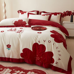Classy Wedding Pure Cotton Four-Piece Set Wedding Cotton Embroidered Quilt Bed Sheets Bright Red Wedding Room Wedding Bedding