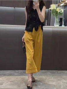 Shalldoer | Fashionable Summer Outfit Womens Sleeveless Top And Casual Pants Two-Piece Set High-End Design V-Neck Button Closure Nine-Piece Pants