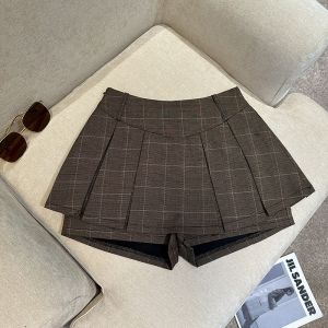 GUZILIAN | Vintage Plaid Mini Skirt Womens High Waist A-Line Pleated Short Skirt Slimming Half Body Skirt Small Stature Skirt