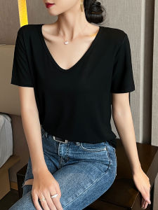White Modal Short Sleeve T-Shirt Women Summer Loose V-Neck Low-Cut Ice Silk Base Top Korean Style Comfortable Breathable