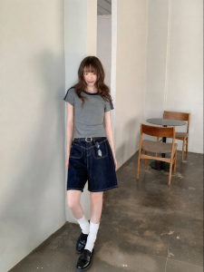 NIHAOKANONG | Quần Short Đenim Cao Waist Vintage Hình Tam Giác