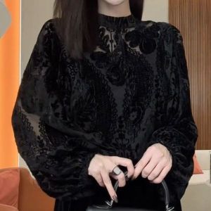 Lace Flocking Tops Women 2024 Autumn New Arrival Cut Out Carved Tops Reverse Bottoming Long Sleeves Shirt Women