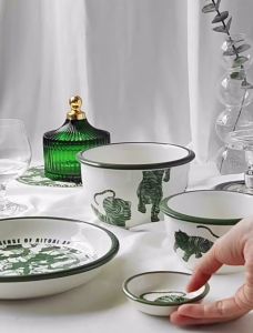 🇲🇾ReadyStock🇲🇾 Vintage Style Tiger Printed Tableware High Quality Classy Dining Green东方旗虎虎虎生威餐具套装家用复古陶瓷碗盘碗碟盘子米饭碗汤面碗青色散装