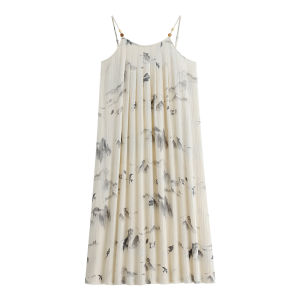 yuenei | Váy ngủ nữ tay không cổ tròn dài bằng vải cotton nguyên chất mùa hè 2024 Váy ngủ dài tay không họa tiết hoa đơn giản