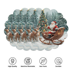 VIKAMA 4PC Santas Sleigh Placemat with Reindeer Snow Scene Christmas Tree Waves Family Gathering Table Decor and Accessories