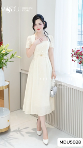 Váy Tiểu Thư MDU5028 Chất Tằm Nhật Thêu Nổi Cao Cấp Cổ Vuông Thanh Thoát Phối Eo Cách Điệu Từ MDU