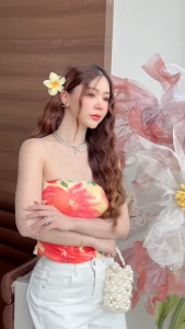 HAVI เสื้อเกาะอกผ้าตาข่าย พิมพ์ลายชบา เสื้อเกาะอกชบาสีเหลือง น่ารักฟิลทะเล สาวอวบใส่ได้ สวยมาก Sheeny (S026)