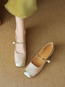 New Chinese Style Silk Cowhide Mary Jane Flat Bottom Shoes Womens Spring Style Low Heel round Toe Casual Fashion Footwear
