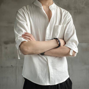 2022 Summer Chinese Linen Mens Shirts Traditional Clothing Retro Medieval Casual Stand Collar Short Sleeves Solid Color Mens Tops