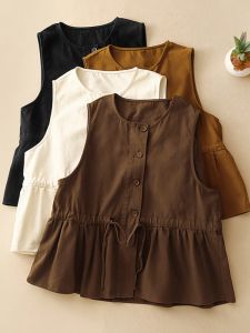 Mori Girl Japanese Style Cotton Ruffles Frock Vest Vest Womens Summer Minimalist Loose Lace-up Waist-Tight Doll Shirt Outwear