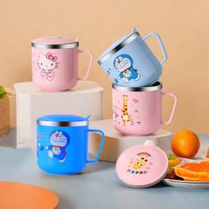 Childrens Water Cup Home Anti-Fall with Lid Drinking Cup Kindergarten Baby Cartoon Mouth Cup 304 Stainless Steel Learning Cup