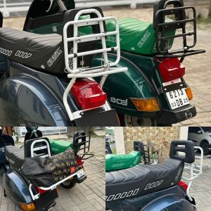 Backrack backrest Rak belakang senderan Vespa Px ps Excel T5 model MOTONOSTRA premium Terbaru rest bagus kuat tebel Chrome putih & hitam coating. Sangat detail Original grosir eceran
