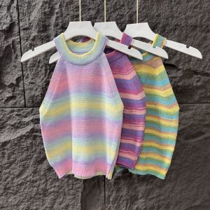 Dopamine Ice Silk Color Block Stripe Knitted Mini Strap Vest Women Summer Sweet Spicy Sleeveless Beautiful Back round Neck Slim Fit Top