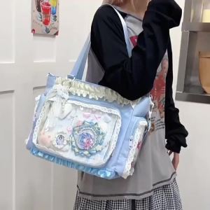 Y2K New Sweet Lolita Ita Bag For Girls Transparent Display Shoulder Crossbody Bag Large Capacity Lace Tote Bag Cute DIY Handbag For Anime Badge Pin Collection Cosplay Shopping