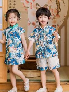 223Kids Chinese Style Short Sleeve Tang Suit Zhuazhou Clothes Baby Girl Cheongsam Dress Boy Summer Parent-Child Dress Modified Version Han Dynasty