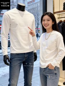 YOULIN | White American Style Regular Fit Mens Winter Fleece Lined Thickened Cleanfit Long Sleeve T-shirt