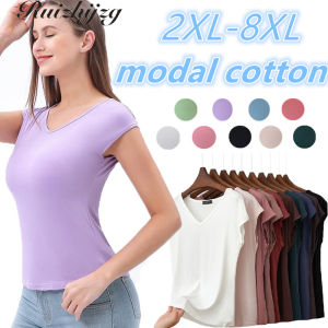 Ruizhijzg Plus Size 2XL-8XL Lounge Wear Womens T-shirt sleeveless Vest Modal Cotton Soft Stretchable Summer Ladies Girls Inner Wear Sleep Night Wear Female Casual Loose V Neck Top Plain Color