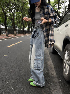 High Waist Wide Leg Denim Work Pants Women Loose Straight Multi Pocket Long Bootcut Vintage Washed American Style Jeans