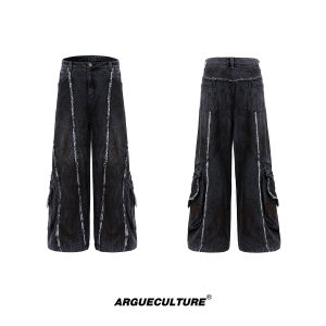 แจ็คเก็ตยีนส์ทรงหลวมสไตล์ปUNK กระเป๋าใหญ่ ขอบขนหนู ป้ายสี สไตล์วัยรุ่น ฤดูใบไม้ร่วง ฤดูหนาว แจ็คเก็ตยีนส์ผู้ชาย