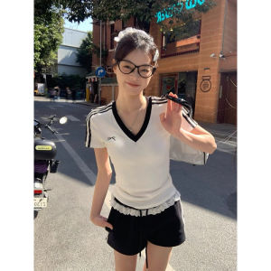 IELGY เสื้อยืดคอวีแขนสั้นของผู้หญิงเสื้ออเนกประสงค์ผ้าฝ้ายบริสุทธิ์