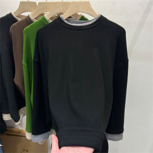 Green Patchwork Fake Two-Piece Double-Sided Brushed Dralon T-shirt Female 2024 Fall and Winter New Arrival Loose Bottoming Shirt Tops Tide