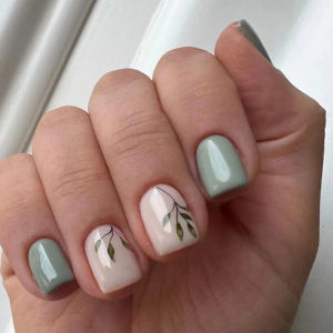 24 Móng Tay Giả Ngắn Hình Vuông Dán Trực Tiếp Có Thiết Kế Lá Xanh Chất Liệu Acrylic Bao Phủ Toàn Bộ Dễ Dùng Dành Cho Nữ