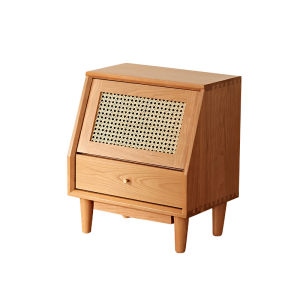 Northern Europe Solid Wood Bedside Cabinet Glass Door Rattan Small Cherrywood Retro Modern Minimalist Bedroom Storage Bedside Cabinet