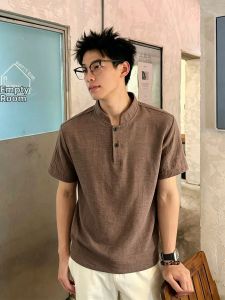 ZHUOCAN | Brown Linen Henley Collar Patchwork T-Shirt