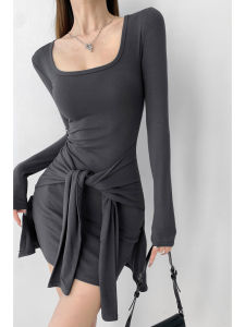 สไตล์เกาหลี ผู้หญิง คอยูแขนยาว เดรส เอว Cinching มีเข็มขัด กระโปรงสั้น เซ็กซี่ สไตล์สปอร์ต สไตล์ ฤดูใบไม้ร่วง ฤดูหนาว แฟชั่น เดรส