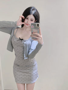 Syj/shucloth Nhà Plus Kích Thước Gợi Cảm Cay Chấm Bi Eo Inching Đan Mở Cardigan 2 Bộ Nữ Thường Ngày Mùa Hè