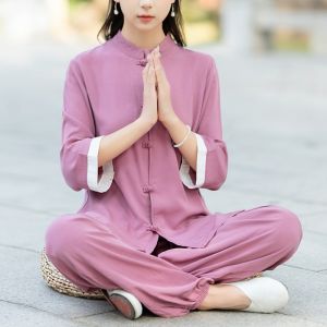 Womens Spring Autumn Cotton Linen Set Chinese Style Buttoned Top Tai Chi Practice Clothes Long Sleeve Long Pants Zen Buddhist Robe
