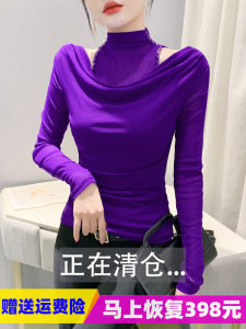 เสื้อยืดคอกลมแขนยาวผู้หญิงฤดูใบไม้ร่วง/ฤดูหนาว ดีไซน์ปักลูกปัด เสื้อเชิ้ตผ้าตาข่ายโปร่ง ทรงเข้ารูป สไตล์เกาหลี เสื้อเชิ้ตคอกลม